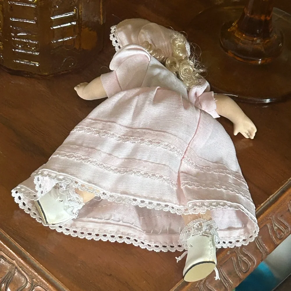 Vintage Porcelain Doll with Pink Dress & Bonnet